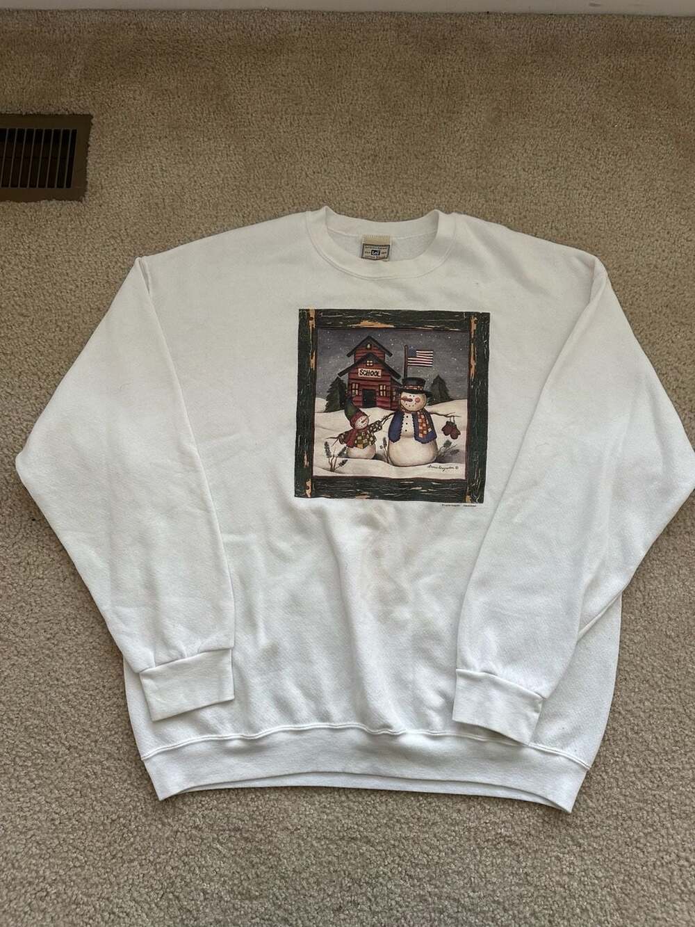 Vintage Lee Laurie Korsgaden Snowman School Sweatshirt XL White Made in USA